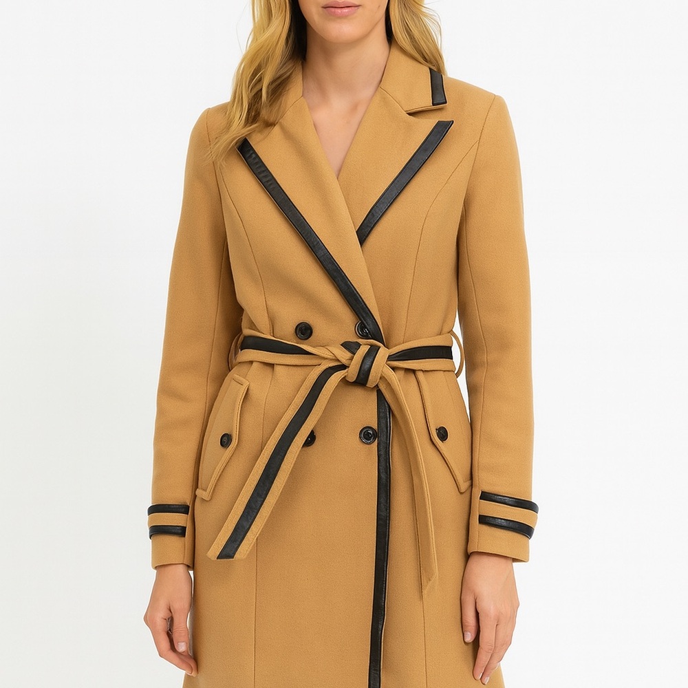 Chic Tan Trench Coat with Black Accents